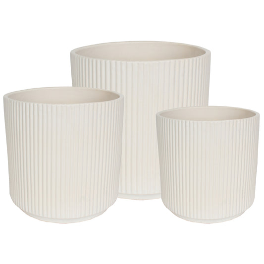 Ceramic Planter Ribbed Set Of 3 (7.5"Wx7.5"H, 9.5"Wx9.5"H, 11.5"Wx11.5"H) Ivory Matte