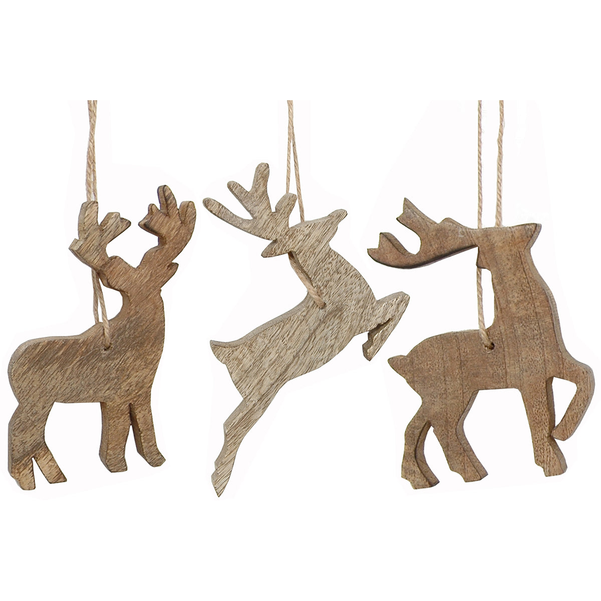 Ornament Set of 3 Wood 4" Deer Assorted Natural