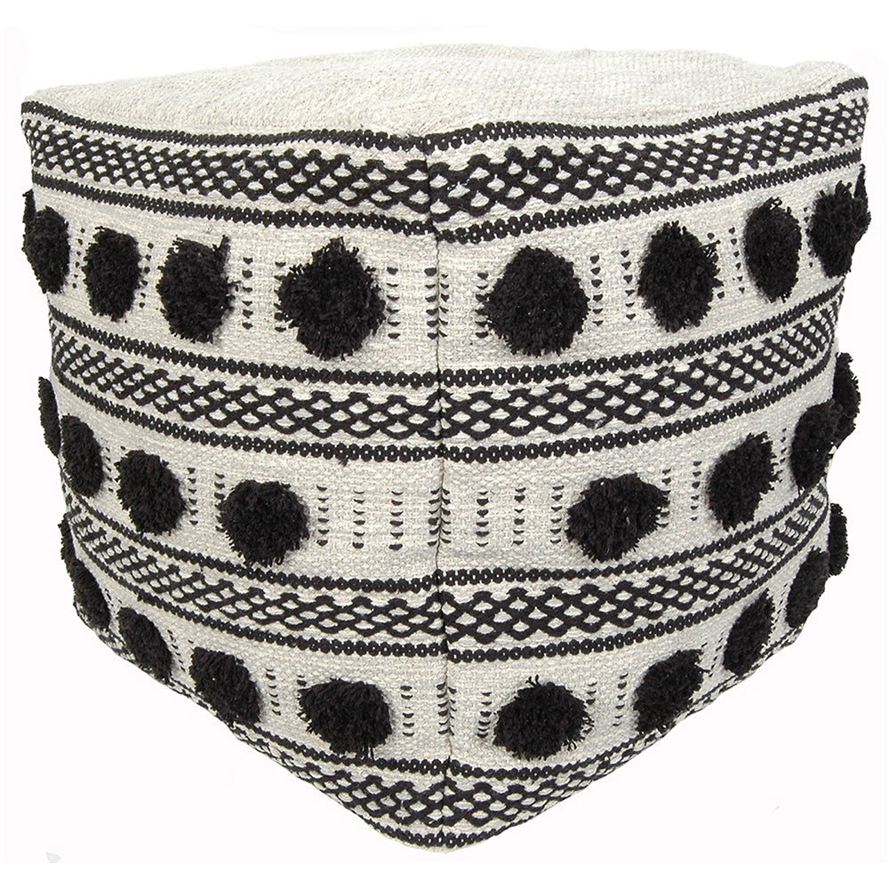 Outdoor/Indoor Pouf 18"x18"x18" Fringe - Black/White