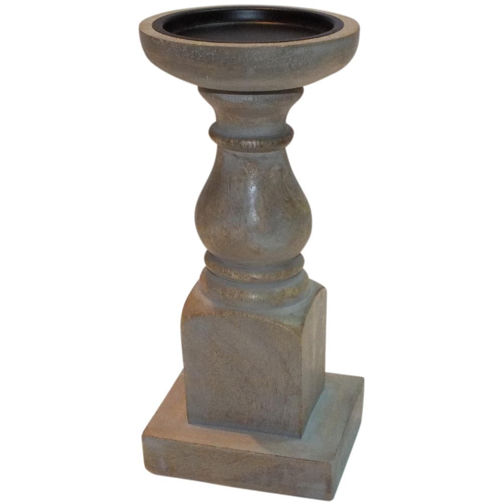 Candle Holder Wood Pillar 9"H Grey Wash .