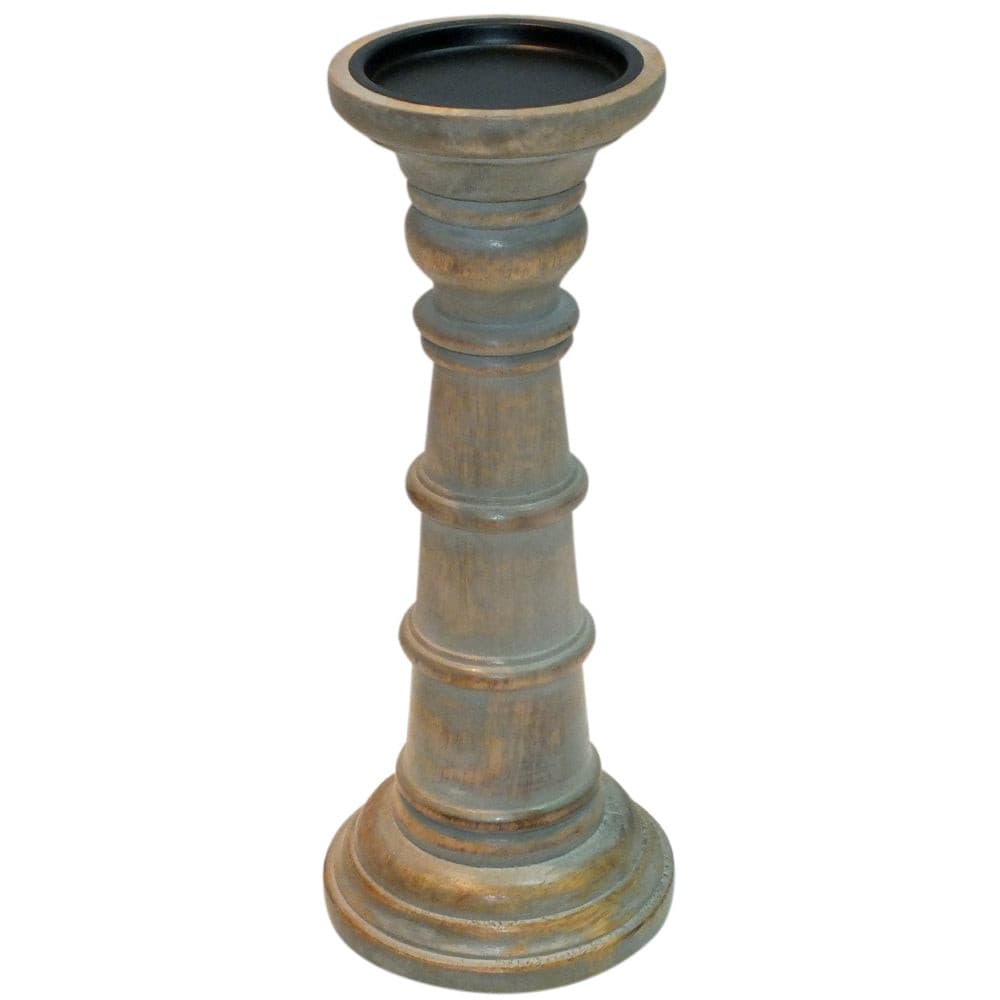 Candle Holder Wood Pillar 12"H Grey Wash .