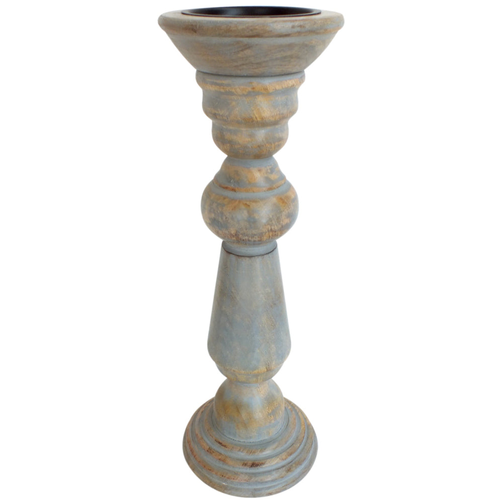 Candle Holder Wood Pillar 15"H Grey Wash .
