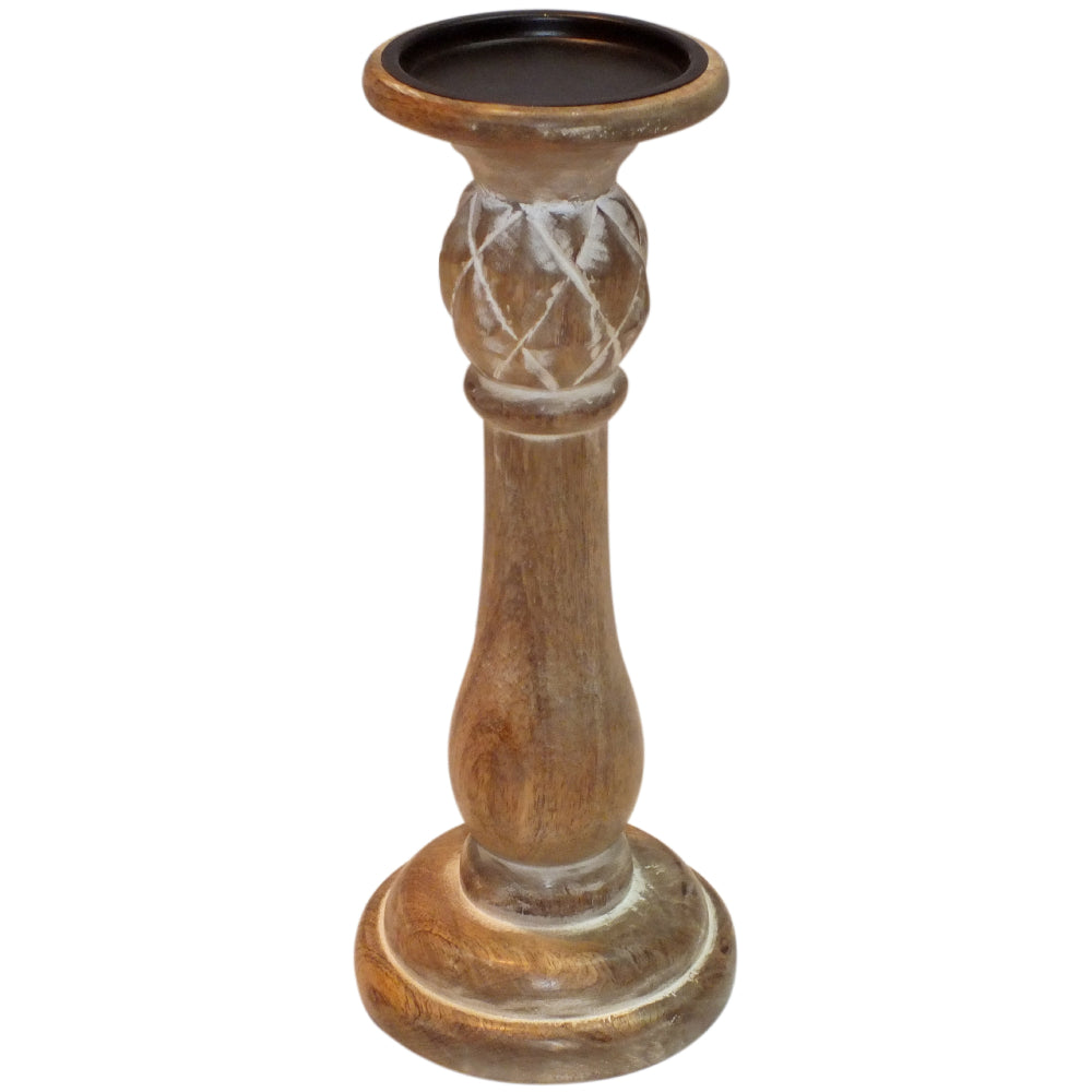 Candle Holder Wood Pillar 12"H White Wash