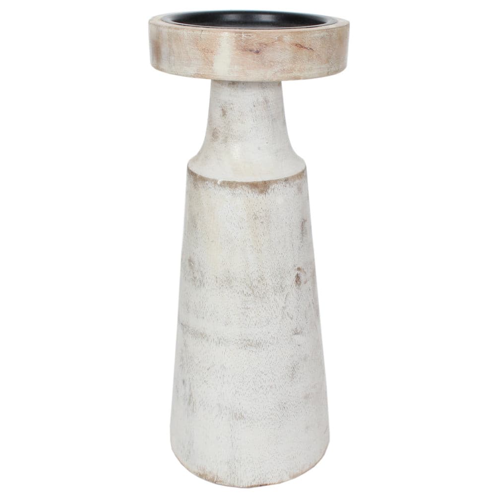 Candle Holder Wood Pillar 10"H White Wash .