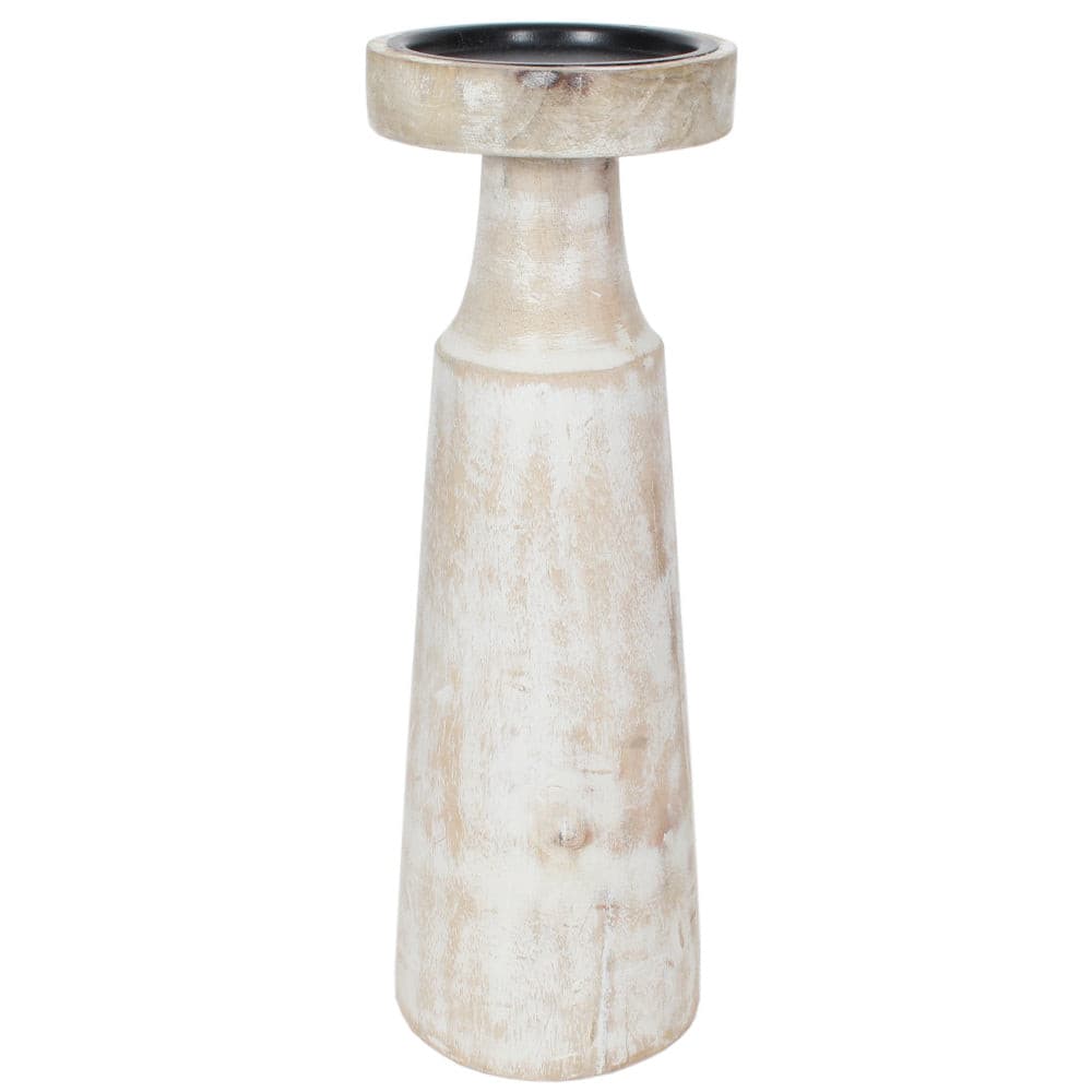 Candle Holder Wood Pillar 12"H White Wash .