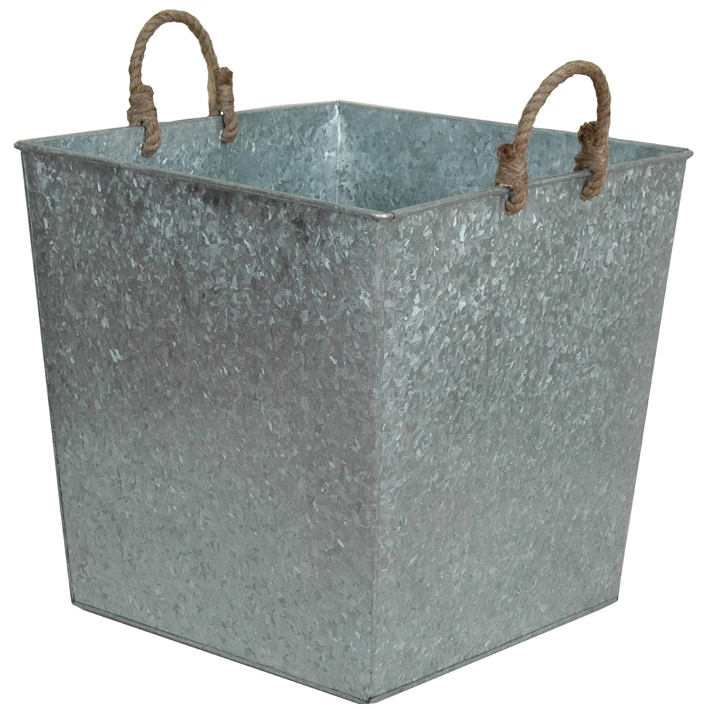 Planter 12" Square Galvanized With Jute Handle