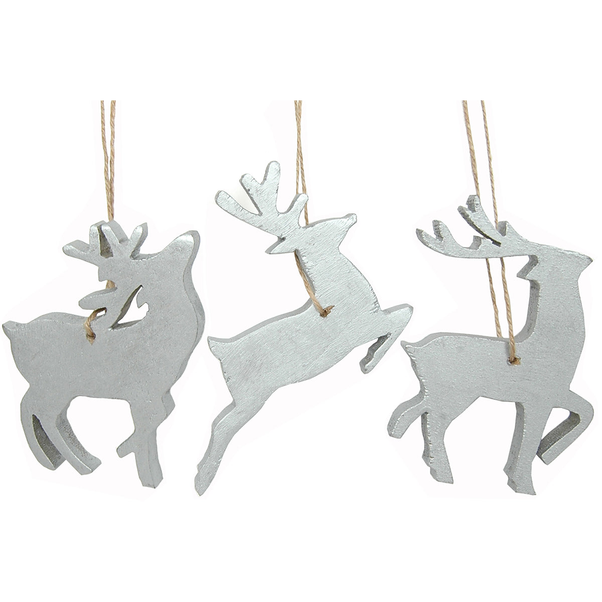 Ornament Set of 3 Wood 4" Deer Assorted Silver