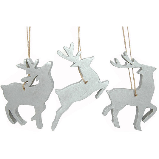 Ornament Set of 3 Wood 4" Deer Assorted Silver