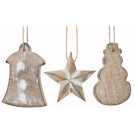 Ornament Set of 3 Wood 4" Christmas Assorted white Wash