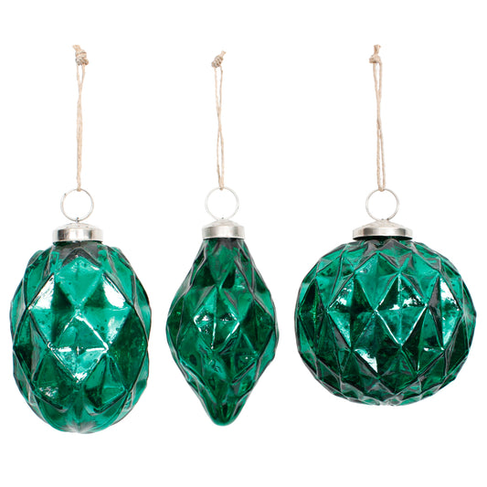 Ornament 3.5" Faceted Mercury Emerald Glass