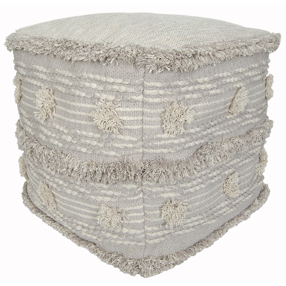 Indoor Pouf 17"x17"x17" Fringe Gray