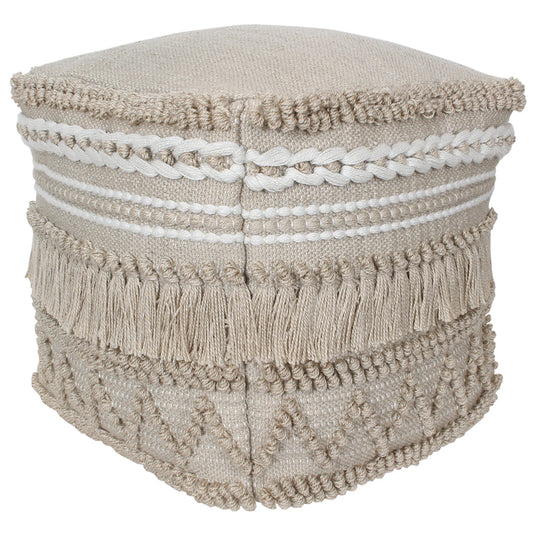Outdoor/Indoor Pouf 18"x18"x18" Fringe    - Taupe