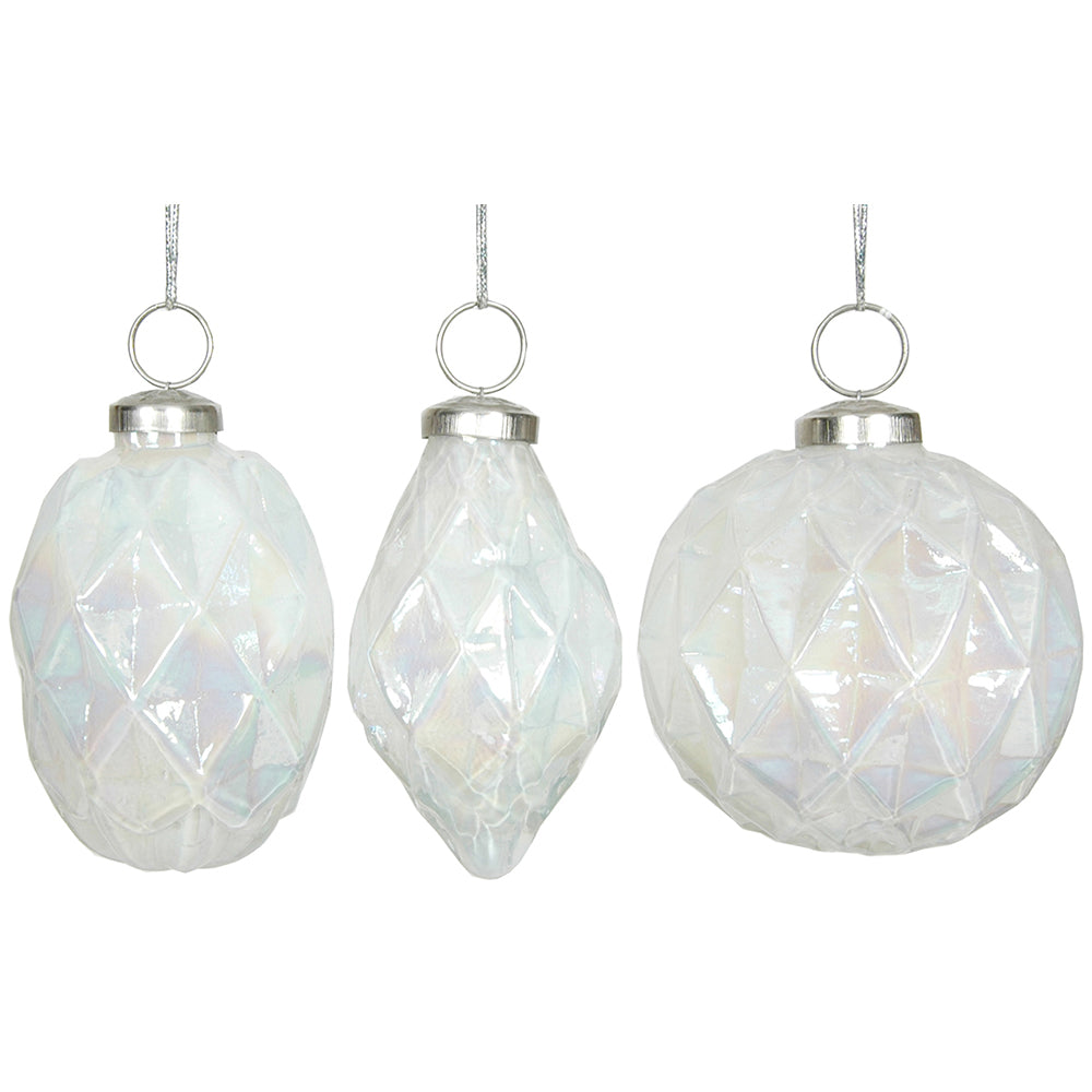 Ornament 3.5" Faceted Pearl White Glass