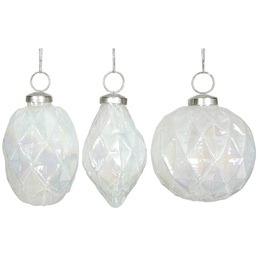 Ornament 3.5" Faceted Pearl White Glass