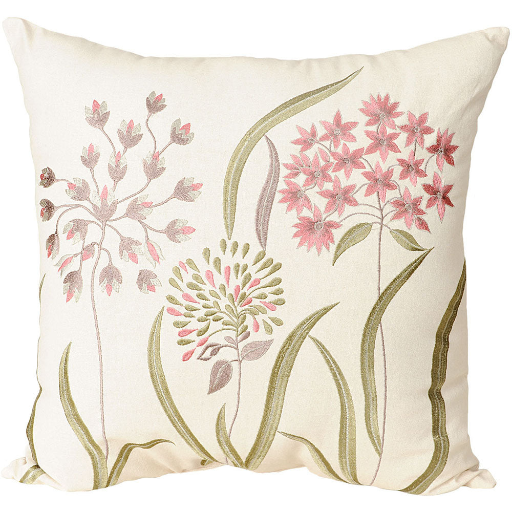 Pillow 20" Embroidered Flower Stem Ecru